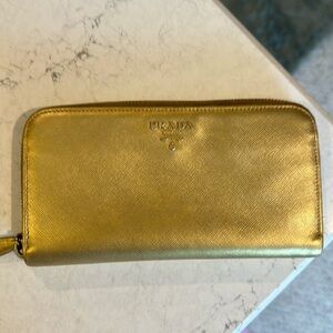 Authentic Prada gold leather continental wallet
